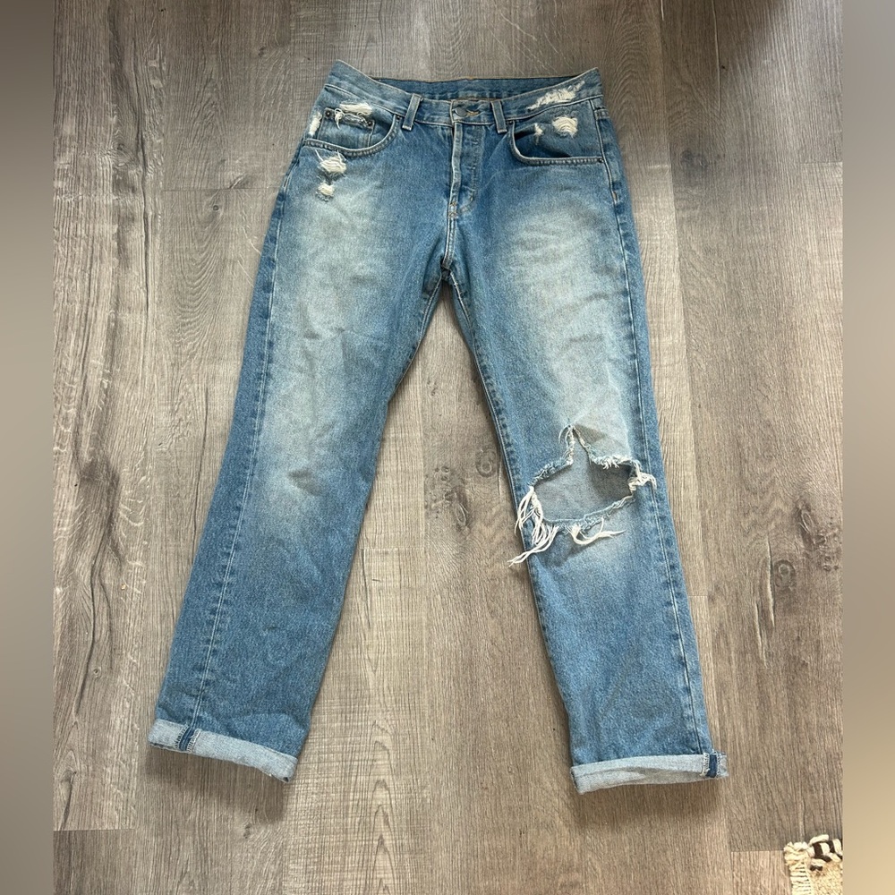 Carmar Distressed Mid Waisted Boyfriend Blue Jeans with Knee Hole Cuffed Denim